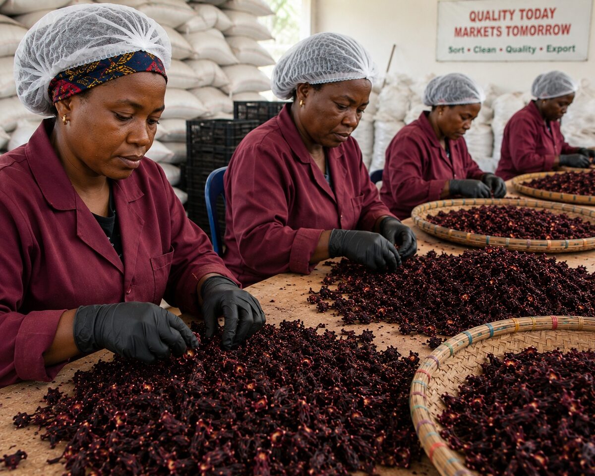 Quality control team sorting dried hibiscus flowers