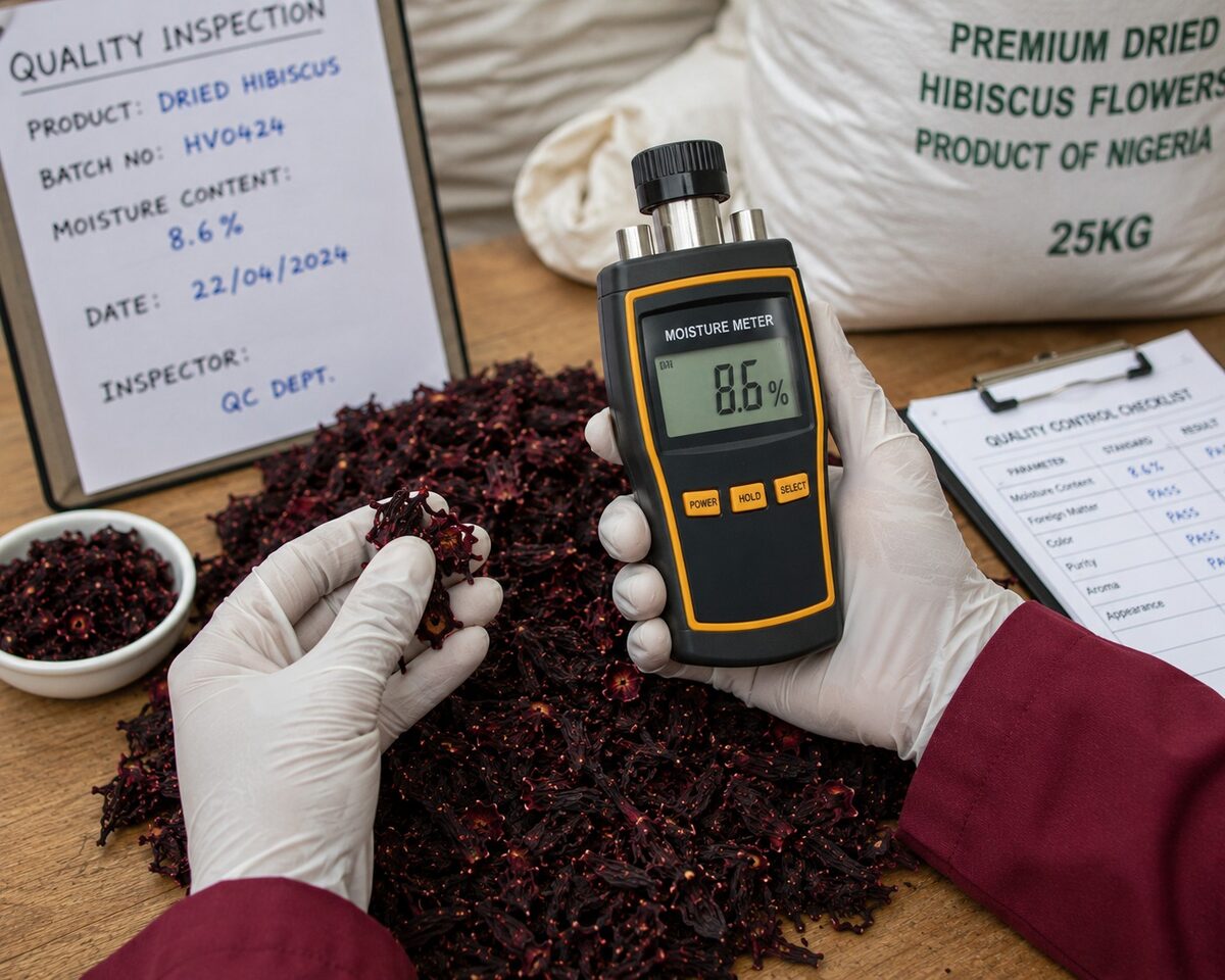 Moisture meter testing dried hibiscus flowers