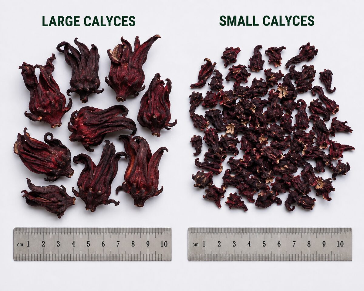 Hibiscus calyx size comparison across grades