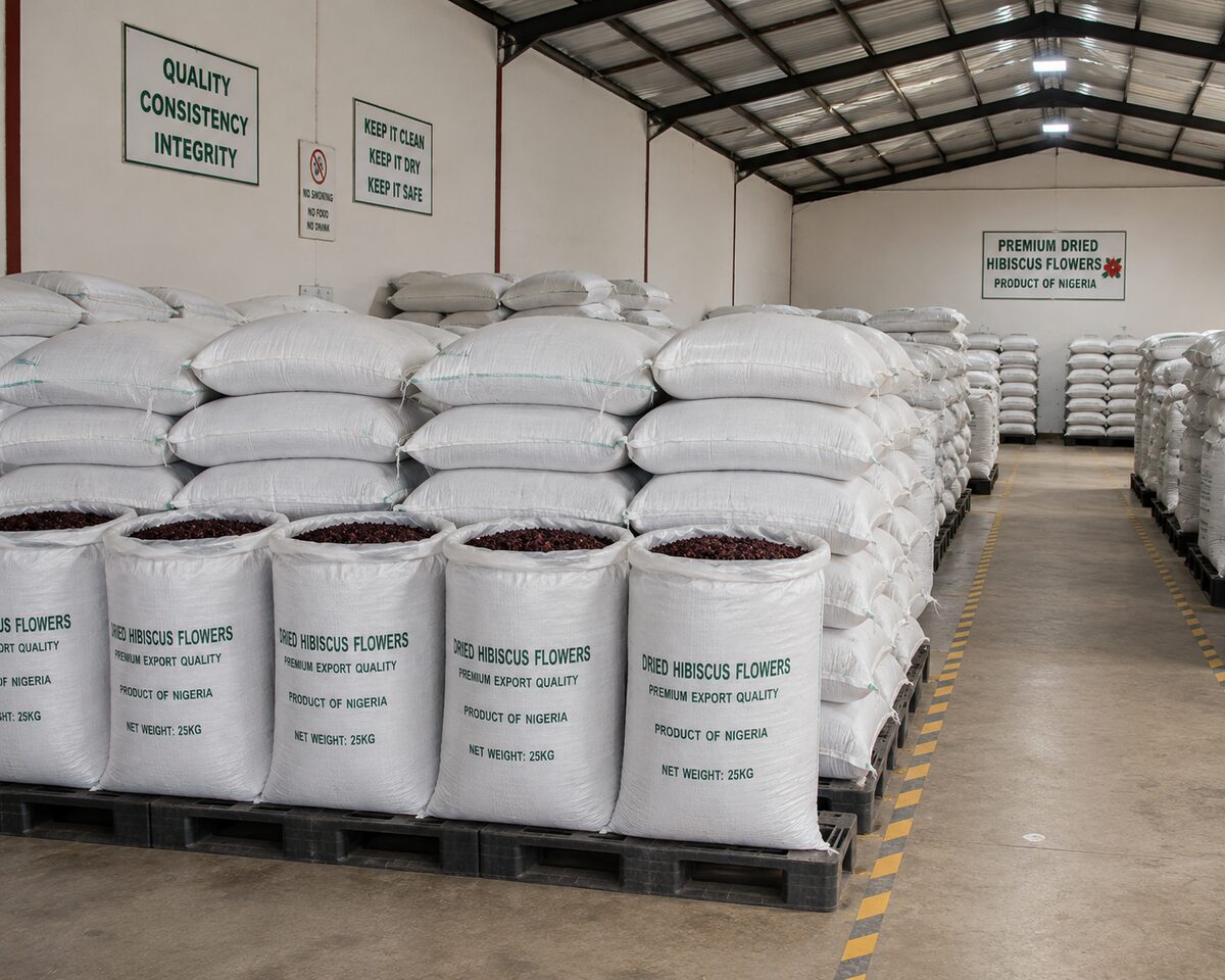Sorted dried hibiscus stored in export warehouse